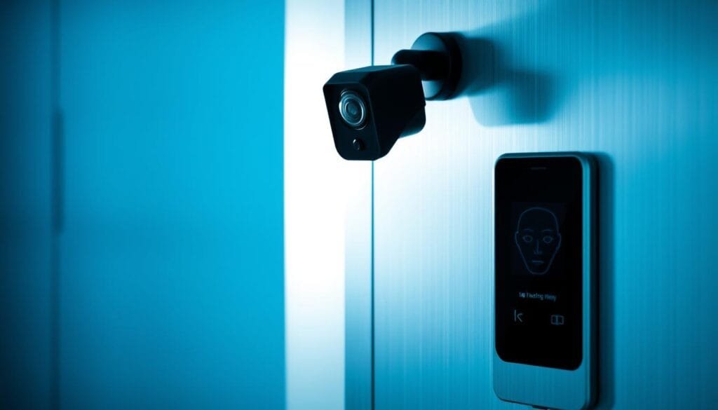 A high-tech access control system featuring a state-of-the-art facial recognition camera mounted on a sleek, minimalist security console. The camera is encased in a matte black housing, its lens trained intently on the entryway. The console is composed of smooth, brushed aluminum panels, giving it a modern, industrial aesthetic. Soft blue indicator lights glow subtly, conveying a sense of advanced technology at work. The scene is bathed in cool, indirect lighting, creating dramatic shadows and highlights that accentuate the precision engineering. The overall atmosphere is one of cutting-edge security and sophisticated access control, perfectly suited for the "Applications in Devices and Security" section of the article.