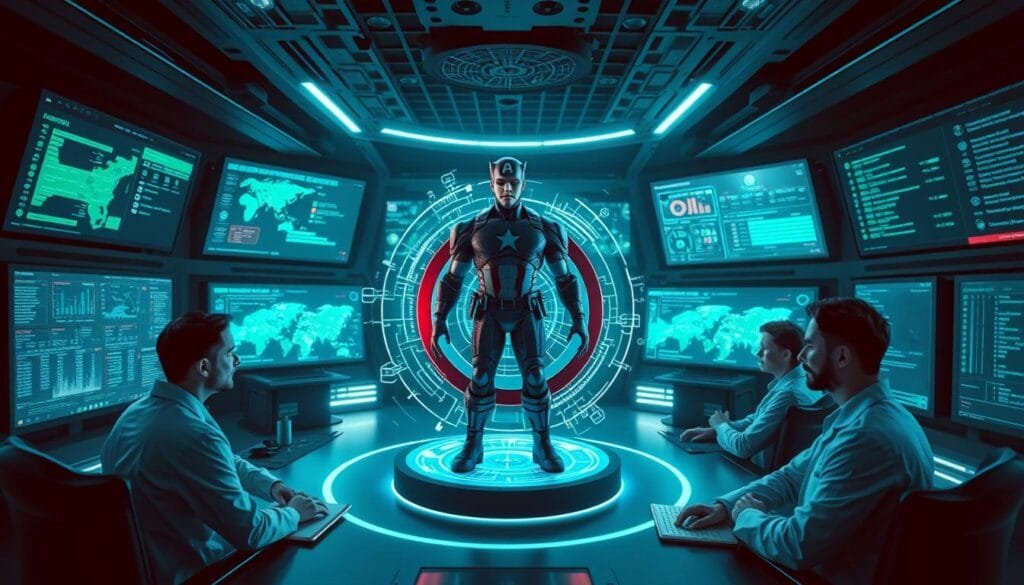 A high-tech cyberpunk command center, filled with data screens, holographic displays, and cutting-edge analytical tools. In the center, a 3D model of Captain America rotates, as algorithms and lines of code flow around it. The room is bathed in a cool, blue-green light, creating a clinical, futuristic atmosphere. Technicians in lab coats studiously examine the data, their faces illuminated by the glow of the screens. The overall impression is one of a thorough, systematic evaluation of Captain America's relevance and effectiveness in the modern era, using the latest in AI-driven analysis.
