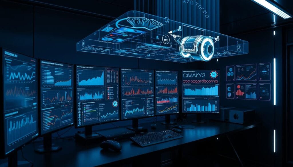 A high-tech data analysis workstation with multiple screens displaying complex visualizations and graphs of video game performance metrics. The setup is in a futuristic, dimly lit room with sleek, minimalist design. Holographic displays and advanced AI interfaces hover above the workstation, providing real-time insights. A sense of scientific inquiry and technological innovation permeates the scene, hinting at the ability to predict future gaming trends through rigorous data analysis.