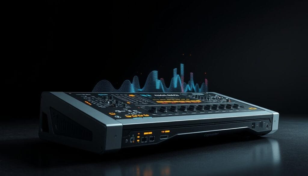 A high-tech digital music generator, its sleek futuristic design dominates the foreground, with intricate circuits and glowing panels hinting at its advanced AI capabilities. In the middle ground, abstract sound waves and dynamic visuals pulsate, representing the generator's ability to compose original music. The background features a minimalist, darkened setting, creating a sense of focus and attention on the central device. Crisp, directional lighting casts dramatic shadows, emphasizing the generator's technological prowess. The overall scene conveys a fusion of cutting-edge hardware and intelligent software, poised to revolutionize the music composition process.