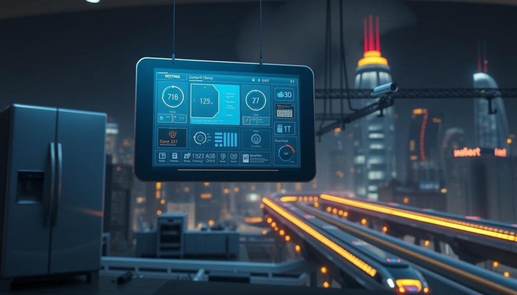 A high-tech, futuristic scene depicting the security challenges of Internet of Things (IoT) devices. In the foreground, a sleek, minimalist smart home control panel hovers in mid-air, its touch interface glowing with digital readouts. Behind it, a complex network of interconnected IoT appliances - a refrigerator, thermostat, and security cameras - is rendered in crisp, detailed 3D. The background is a dimly lit, industrialized cityscape with glowing skyscrapers and monorails, creating a sense of scale and technological advancement. The overall mood is one of cautious optimism, hinting at the benefits and risks of ubiquitous, networked devices in the modern home.