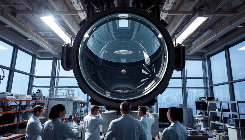 A high-tech laboratory setting with a large, imposing piece of equipment in the center. The device has a transparent dome-like structure, through which we can see a small object floating weightlessly. Bright overhead lighting casts dramatic shadows, creating a sense of scientific experimentation. In the foreground, scientists in white lab coats intently observe the object, adjusting various controls and instruments. The background is filled with an array of complex machinery, shelves of equipment, and a large window overlooking a cityscape, suggesting this is a cutting-edge research facility. The overall atmosphere is one of anticipation and discovery, as the scientists explore the effects of increased gravity on the levitating object.