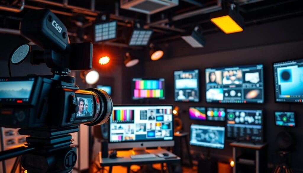 A high-tech production studio filled with an array of cutting-edge AI-powered cinematography tools. In the foreground, a sleek digital camera with an advanced AI-enabled image sensor captures the scene. In the middle ground, a computer workstation displays vibrant color palettes and visual analysis of famous directors' filmmaking styles. In the background, a wall-mounted touchscreen interface showcases various AI-assisted lighting, camera, and post-production software suites. Warm, focused lighting illuminates the dynamic scene, creating an atmosphere of creativity and technological innovation in service of the art of filmmaking.