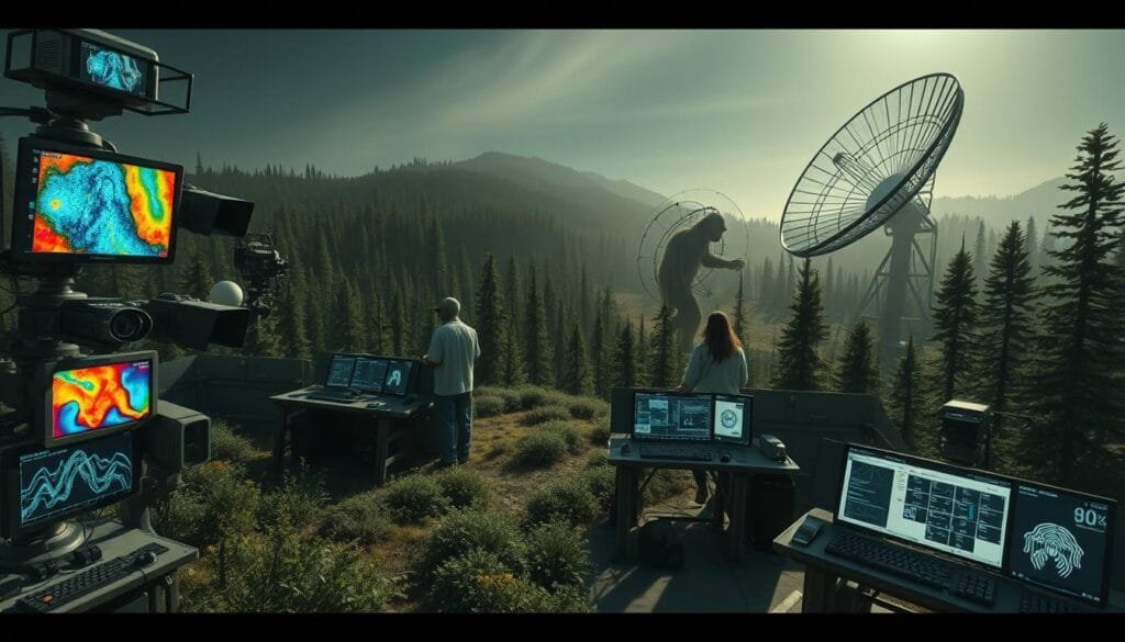 A high-tech research facility, filled with cutting-edge equipment for detecting and tracking elusive cryptid creatures. In the foreground, advanced thermal imaging cameras and motion sensors scan the rugged, forested terrain. In the middle ground, a team of scientists and researchers pore over data displays, analyzing patterns and signals. In the background, a massive radar dish rotates slowly, sweeping the skies for any anomalous signatures. Dramatic lighting casts long shadows, creating an atmosphere of anticipation and discovery. The scene conveys a sense of the complex, sophisticated technology being employed in the hunt for the legendary Bigfoot.