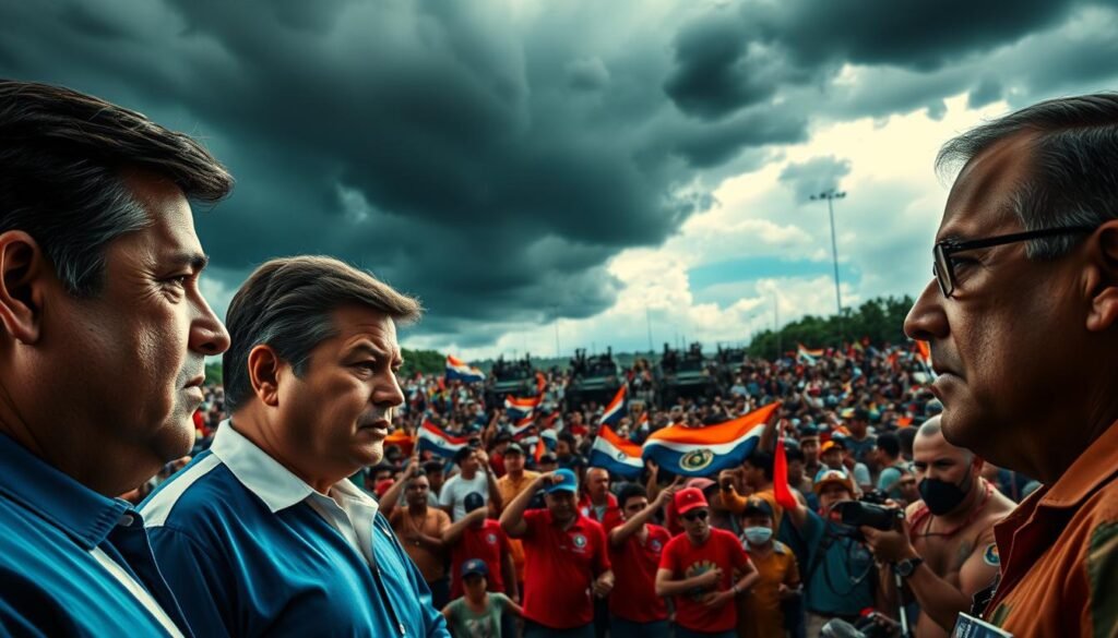 A high-tension political crisis unfolds in Central America, with a dramatic backdrop of stormy skies and looming conflict. In the foreground, two statesmen representing Honduras and El Salvador stand face-to-face, their expressions tense and unyielding. The middle ground is filled with a crowd of protestors waving flags and banners, capturing the civil unrest simmering beneath the surface. In the distance, military vehicles and armed personnel suggest the threat of escalating tensions. The lighting is dramatic, with ominous clouds casting deep shadows and highlighting the gravity of the situation. This scene captures the internal political problems fueling the infamous "Football War" between the neighboring nations.