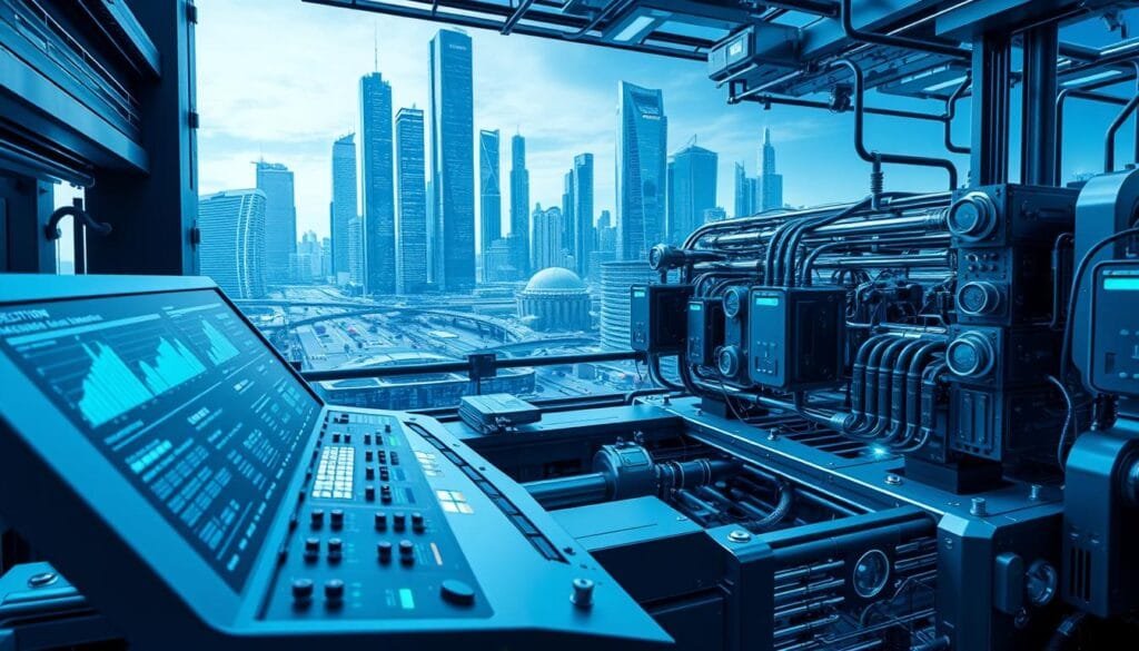 A highly advanced automated decision-making system, with sleek metallic components and intricate circuitry. In the foreground, a central control panel displays real-time data and analytics, with glowing displays and touch interfaces. The middle ground features an array of interconnected modules and sensors, creating a complex web of technological integration. In the background, a futuristic cityscape with towering skyscrapers and advanced infrastructure, hinting at the broader impact of this AI-driven decision-making process. The scene is bathed in a cool, blue-tinted lighting, conveying a sense of precision, efficiency, and the inevitable march of technological progress, which may one day render human decision-makers obsolete.