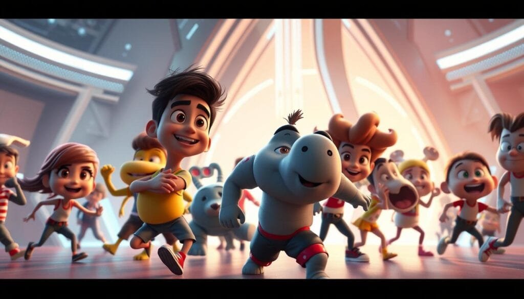 A highly detailed 3D render of a group of lively Pixar-style cartoon characters in a dynamic, vibrant scene. The characters are arranged in a loose, organic composition, with each one displaying unique personality traits and emotional expressions. The foreground features the main characters, captured in mid-action poses that convey a sense of movement and energy. The middle ground showcases a futuristic, high-tech backdrop, with sleek, abstract architectural elements and subtle holographic effects. The background is filled with a soft, ethereal glow, creating a dreamlike, immersive atmosphere. The lighting is cinematic, with dramatic shadows and highlights that accentuate the characters' features and the overall mood. The entire scene has a polished, photorealistic quality, blending the whimsical, stylized Pixar aesthetic with a touch of advanced, AI-driven visual effects.