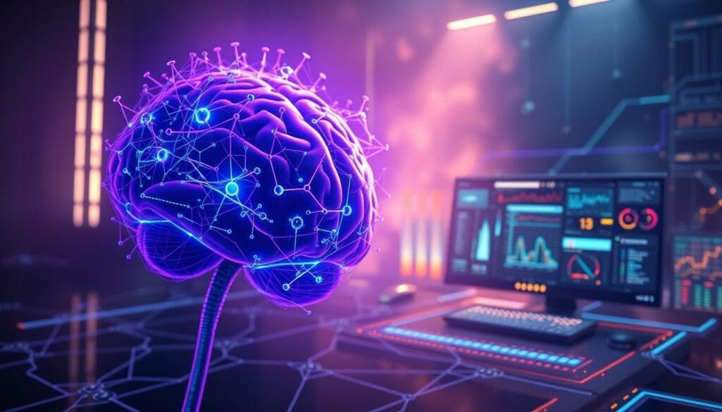 A highly detailed and complex neural network visualization depicting an advanced cerebral simulation. The foreground showcases a three-dimensional model of the human brain, its intricate neural pathways and synaptic connections rendered in vibrant hues of blue, purple and white against a dark, atmospheric backdrop. The middle ground features a futuristic computer interface with holographic displays, data visualizations and control panels, suggesting the technological capabilities required to run such a sophisticated simulation. The background is shrouded in a mysterious, otherworldly glow, evoking a sense of the unknown and the potential of this technology to unlock the secrets of the mind. Realistic lighting and depth of field create a sense of immersion and scientific precision.
