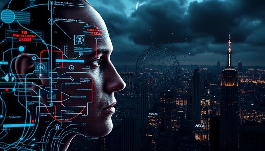 A highly detailed and photorealistic digital illustration depicting the detection of deepfakes using artificial intelligence. In the foreground, a human face is being analyzed by advanced AI algorithms, with visual indicators and data visualizations overlaying the image. In the middle ground, a complex neural network architecture is shown, with nodes and connections pulsing with energy. In the background, a dark and ominous cityscape serves as a backdrop, hinting at the broader implications of the deepfake phenomenon. The lighting is dramatic, with strong shadows and highlights, creating a sense of tension and urgency. The overall mood is one of technological sophistication and the high-stakes battle against the rise of synthetic media.