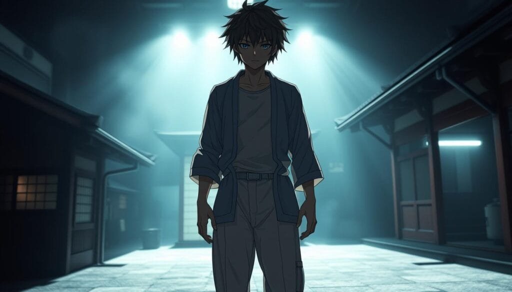 A highly detailed, photorealistic anime scene depicting the transformation of an anime character into a realistic human figure. The character stands in the foreground, their body morphing and shifting as they transition from a stylized, cartoon-like appearance to a more lifelike, hyper-detailed form. The background is a dimly lit, atmospheric setting with hints of traditional Japanese architecture, creating a moody, contemplative tone. Dramatic lighting casts dramatic shadows and highlights the intricate textures of the character's skin, hair, and clothing. The camera angle is low, creating a sense of tension and intensity as the viewer witnesses this extraordinary metamorphosis.