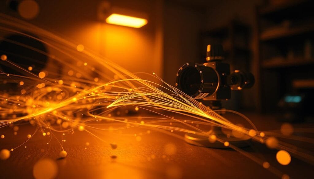 A highly detailed, slow-motion capture of photons in motion, recorded by the cutting-edge T-CUP camera. The foreground showcases the ethereal dance of light particles, frozen in time, their trails and patterns creating a mesmerizing visual symphony. The middle ground features the intricate, precision-engineered T-CUP device, its sleek design and advanced optics highlighted. The background subtly suggests a dimly lit, scientific laboratory setting, evoking a sense of research and discovery. Warm, ambient lighting casts a soft glow, accentuating the delicate movements of the photons and the technical elegance of the camera. The overall atmosphere conveys a palpable sense of wonder and scientific curiosity, inviting the viewer to ponder the implications of slowing down the speed of light.