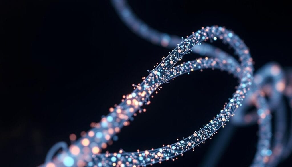 A highly detailed, technologically-advanced quantum fiber optic cable, shimmering with a mesmerizing array of bioluminescent quantum dots. The intricate, twisting strands are illuminated from within, casting a soft, ethereal glow against a dark, shadowy backdrop. The scene conveys a sense of futuristic wonder and scientific progress, hinting at the incredible potential of this cutting-edge technology. Captured through the lens of a high-resolution macro camera, the image reveals the captivating interplay of light, matter, and quantum phenomena at the nanoscale.