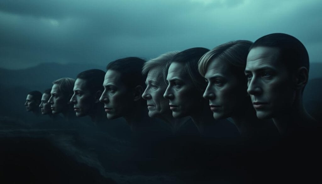 A historic timeline of deepfake technology, captured in a cinematic, dystopian style. In the foreground, a series of evolving deepfake faces, their features shifting and morphing, blurring the line between reality and simulation. In the middle ground, glimpses of key milestones in deepfake development, from early experiments to increasingly sophisticated applications. The background is a haunting, shadowy landscape, hinting at the ominous implications of this rapidly advancing technology. Dramatic lighting and a somber color palette evoke a sense of unease and the looming threat of deepfakes becoming indistinguishable from reality.