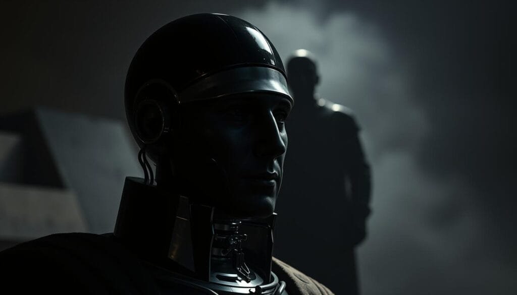 A historical critique of artificial intelligence looms over a shadowy figure representing Christopher Columbus. The scene is bathed in a somber, chiaroscuro lighting, casting dramatic shadows that evoke a sense of ambiguity and moral complexity. In the foreground, a detailed, hyper-realistic rendering of a stern, analytical AI system scrutinizes the controversial explorer, its metallic components gleaming against a muted palette. The background is shrouded in an atmospheric haze, hinting at the passage of time and the weight of historical debate. The overall composition conveys a sense of contemplation, inviting the viewer to consider the ethical implications of AI's appraisal of historical icons and their legacies.