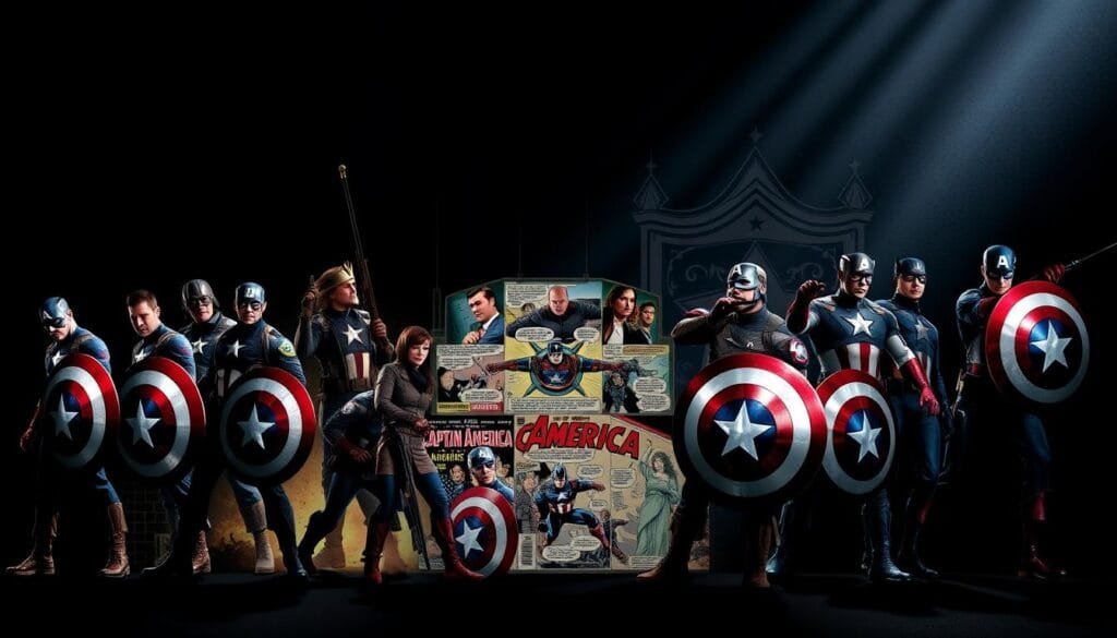 A historical evolution of Captain America in comics and cinema, showcasing his iconic costume designs and heroic poses across different eras. Set against a dramatic, chiaroscuro-lit background, the foreground features the hero in a variety of action-packed scenes, from World War II to modern day. The middle ground presents comic book panels and movie stills, each capturing a pivotal moment in the Sentinel of Liberty's storied legacy. The background layers in symbolic imagery, American flags, and a sense of patriotic grandeur befitting this enduring symbol of freedom and justice.