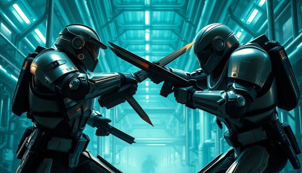 A hyper-realistic, cinematic scene of two armored science-fiction warriors engaged in close-quarters combat. In the foreground, their high-tech protective suits gleam under dramatic low-angle lighting, as they exchange rapid blows with advanced melee weapons. In the middle ground, a maze of industrial pipes and gantries creates an ominous, futuristic backdrop. The scene is bathed in an ethereal blue-green glow, evoking a sense of technological wonder and imminent danger. The composition emphasizes the ferocity and technical precision of the combatants, capturing the essence of an intense, decisive hand-to-hand battle in a cutting-edge scientific setting.