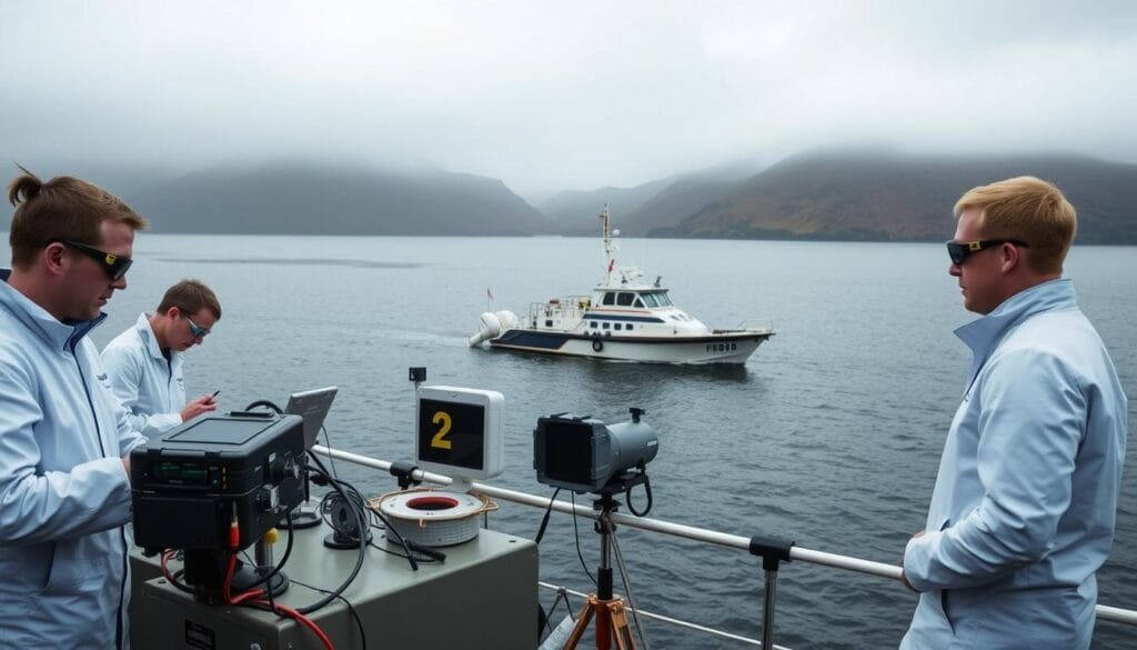 A lakeside research station overlooking the serene waters of Loch Ness. In the foreground, scientists in white coats and safety goggles diligently operate high-tech monitoring equipment, gathering data on the mysterious depths. The middle ground features a research vessel equipped with sonar and camera systems, meticulously surveying the lake. In the background, the rugged Scottish landscape rises, shrouded in a moody, atmospheric fog, hinting at the enigmatic nature of the Loch Ness Monster. Crisp, clean lighting illuminates the scene, lending an air of scientific rigor and professionalism to the investigation.