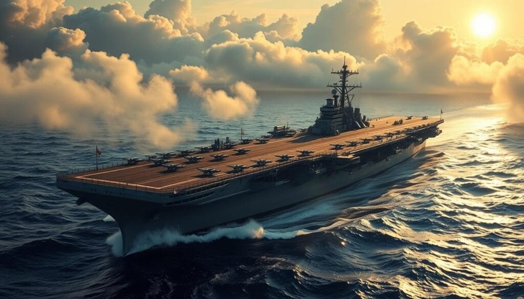 A large aircraft carrier of the Imperial Japanese Navy, its flight deck teeming with warplanes, anchored amidst the swells of the Pacific Ocean during the Battle of Midway. The sun casts a warm glow across the steel hull, while billowing clouds and mist shroud the horizon. Meticulously detailed, the carrier's sleek silhouette and deck-mounted cannons convey a sense of power and dominance. The scene exudes a somber, contemplative atmosphere, as if capturing a pivotal moment in the decisive clash between Japan and the United States that would change the course of World War II in the Pacific.