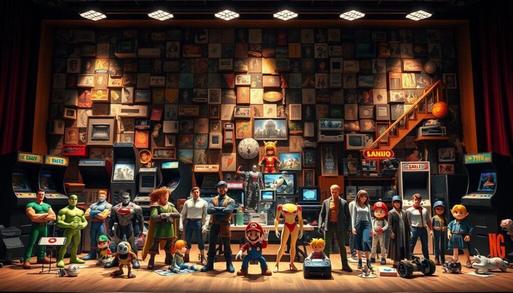 A large, cinematic frame depicting the rich legacy of video games and animation. In the foreground, prominent video game and animated characters stand proudly, representing iconic franchises and beloved stories. The middle ground showcases detailed dioramas of memorable scenes, with vibrant colors and dynamic poses. In the background, a mosaic of classic arcade cabinets, game consoles, and animation cels creates a nostalgic backdrop, highlighting the timeless cultural impact of these mediums. Warm, theatrical lighting casts dramatic shadows, evoking a sense of reverence and celebration for this enduring creative legacy. The composition is balanced and symmetrical, conveying a sense of grandeur and significance.