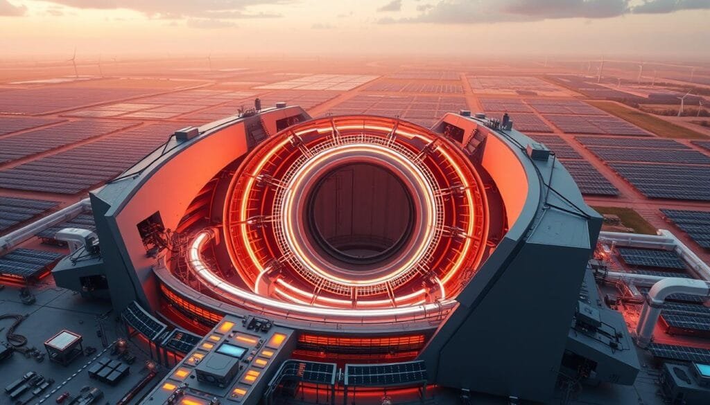 A large, futuristic tokamak reactor, the centerpiece of a vast fusion power plant complex. The powerful magnetic fields that confine the superheated plasma are visible as glowing, ethereal rings. Sleek, angular structures housing the reactor's subsystems and control systems surround the central chamber, bathed in a warm, amber lighting. In the background, a vast landscape of solar panels and wind turbines stretches out, symbolizing the integration of fusion power with renewable energy sources. The overall scene conveys a sense of technological prowess, clean energy, and a vision for a sustainable energy future.