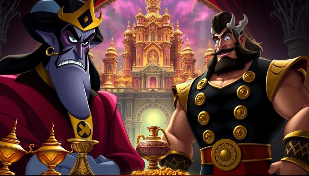 A lavish, sinister scene depicting the devious ambitions of Jafar and Gaston, two of Disney's most cunning villains. In the foreground, Jafar's imposing figure looms, his piercing gaze and malevolent sneer radiating a sinister aura. Beside him, Gaston stands tall, his muscular frame and prideful expression conveying an unwavering thirst for power and control. The middle ground reveals the enchanted lamps and ornate golden treasures they covet, symbols of the wealth and authority they desperately seek. In the background, a grand, opulent palace rises, its intricate architecture and vibrant colors hinting at the realms they aim to conquer. Dramatic lighting casts dramatic shadows, heightening the sense of ominous intent that permeates the scene.
