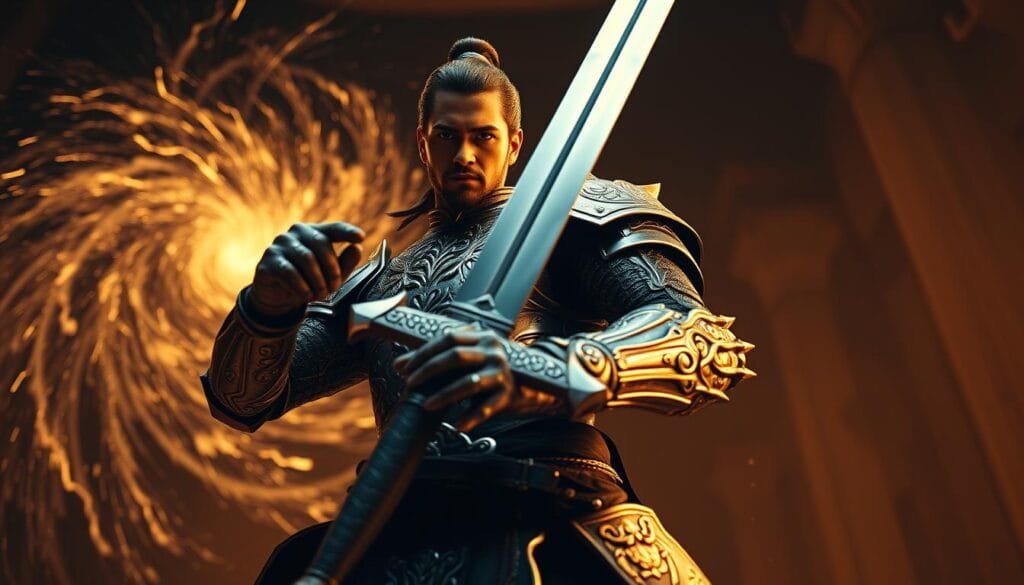 A legendary swordsman stands tall, their body poised with grace and power. Intricate patterns of light and shadow dance across their armor, forged from the finest materials. The warrior's eyes burn with determination, their grip on the hilt unwavering. In the background, a swirling vortex of energy crackles, hinting at the extraordinary abilities they possess. The scene is bathed in a warm, golden glow, lending an air of timeless majesty to the display of combat prowess. The camera captures the swordsman from a low angle, accentuating their heroic presence and the grandeur of the moment.