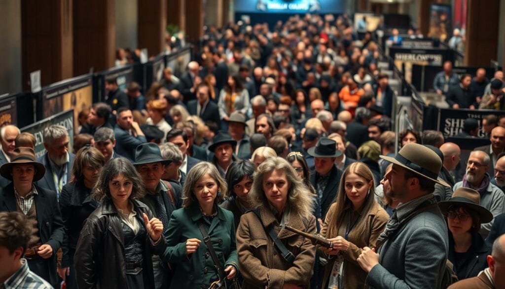 A lively, bustling scene of devoted Sherlock Holmes fans gathered at a convention, their excitement palpable in the crisp, evocative lighting. In the foreground, a diverse group of cosplayers poses dramatically, their intricate costumes and props meticulously crafted. In the middle ground, a throng of enthusiastic attendees peruse vendor stalls, their faces alight with wonder as they discover rare collectibles and memorabilia. The background is a blur of activity, with panels, talks, and interactive exhibits showcasing the depth and breadth of this iconic detective's enduring cultural phenomenon. An atmosphere of intellectual curiosity and communal passion pervades the frame, capturing the essence of the devoted Sherlock Holmes fandom.