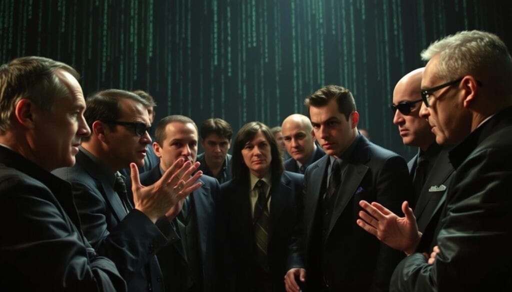 A lively debate unfolds among the secondary characters of The Matrix, their expressions and gestures conveying a range of perspectives. In the foreground, a group gesticulates animatedly, faces etched with contemplation and disagreement. In the middle ground, others listen intently, leaning in, their body language suggesting a willingness to consider alternative viewpoints. The background is a dimly lit, moody matrix-inspired environment, hinting at the high stakes and gravity of the discussion. Dramatic lighting casts dramatic shadows, creating an atmosphere of intensity and intellectual rigor as these supporting players grapple with the true nature of Neo's role.
