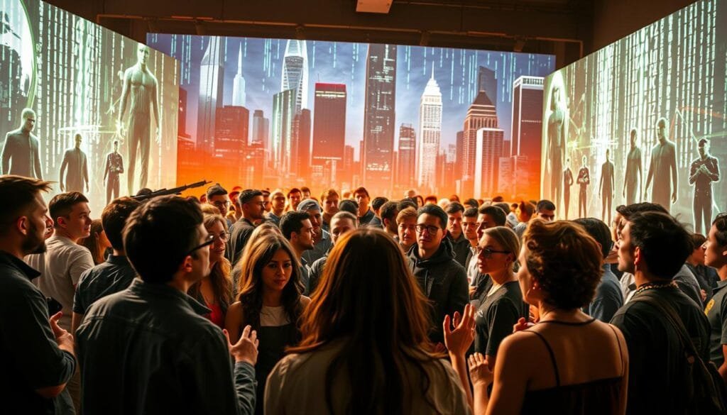 A lively gathering of Matrix fans engaged in animated discussions, set against a backdrop of striking movie scenes and iconic characters. The foreground features a diverse group of people passionately debating the nature of Neo's role, some gesturing emphatically while others listen intently. The middle ground showcases holographic displays depicting key Matrix moments, casting an ethereal glow. In the background, towering skyscrapers and sleek technology evoke the dystopian cyberpunk aesthetic of the films. Warm lighting filters through, creating a sense of energetic intellectual exchange. The overall scene conveys the spirit of a vibrant fan community deeply invested in unraveling the mysteries of the Matrix.