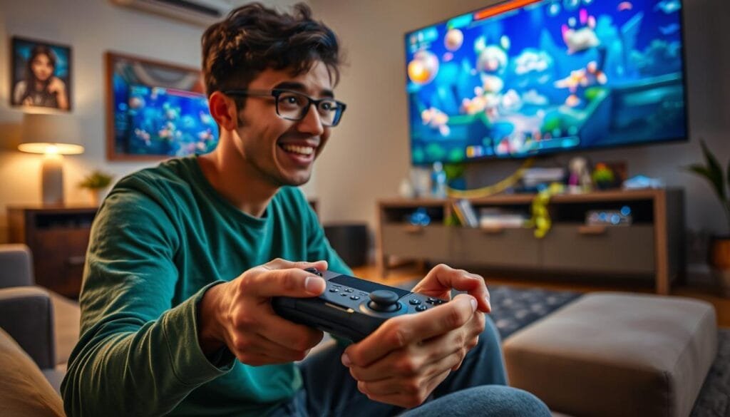A lively scene of a person deeply engaged in a vibrant video game, their face alight with mental agility and concentration. The foreground features the player's hands deftly maneuvering a sleek, modern game controller, their eyes fixed on a large, high-resolution display screen. The middle ground showcases a dynamic, visually stunning game world, filled with vivid colors, intricate details, and a sense of depth and motion. The background suggests a comfortable, well-lit gaming setup, with minimalist furniture and tasteful decor, creating an atmosphere of focused engagement and intellectual stimulation.