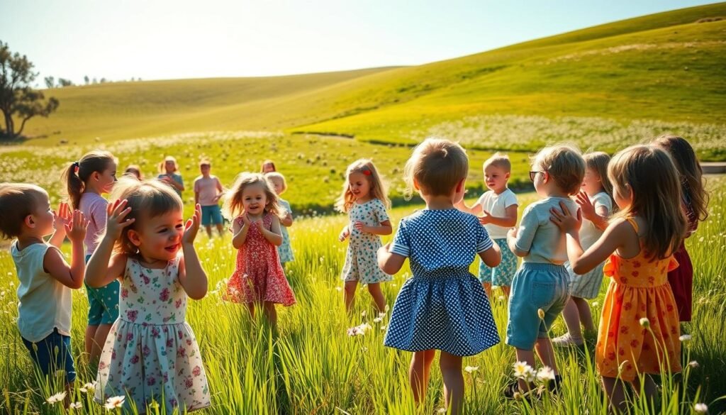 A lively scene of young children joyfully singing and dancing in a vibrant, sun-dappled meadow. In the foreground, a group of toddlers and preschoolers clap and twirl, their expressions filled with pure delight. In the middle ground, a circle of elementary-aged children sway and hum in harmony, their hands joined. In the background, a rolling green landscape with blooming wildflowers and a clear blue sky, illuminated by warm, golden natural lighting. The overall mood is one of unbridled enthusiasm, creativity, and the pure, uninhibited exuberance of childhood expression through song.