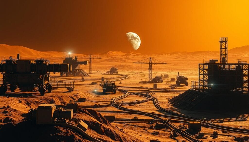 A lunar surface under construction, bathed in warm hues of orange and yellow. In the foreground, robotic machinery and structures begin to terraform the landscape, shaping the terrain and establishing a foundation for future habitation. In the middle ground, a network of pipes, cables, and scaffolding crisscross the lunar terrain, conveying resources and supporting the ongoing terraforming efforts. In the distance, the Earth hangs as a serene, blue-green orb, a reminder of the scale and ambition of this endeavor. The scene is lit by a combination of powerful floodlights and the natural glow of the lunar surface, creating a sense of industrious activity and the gradual transformation of this alien world.