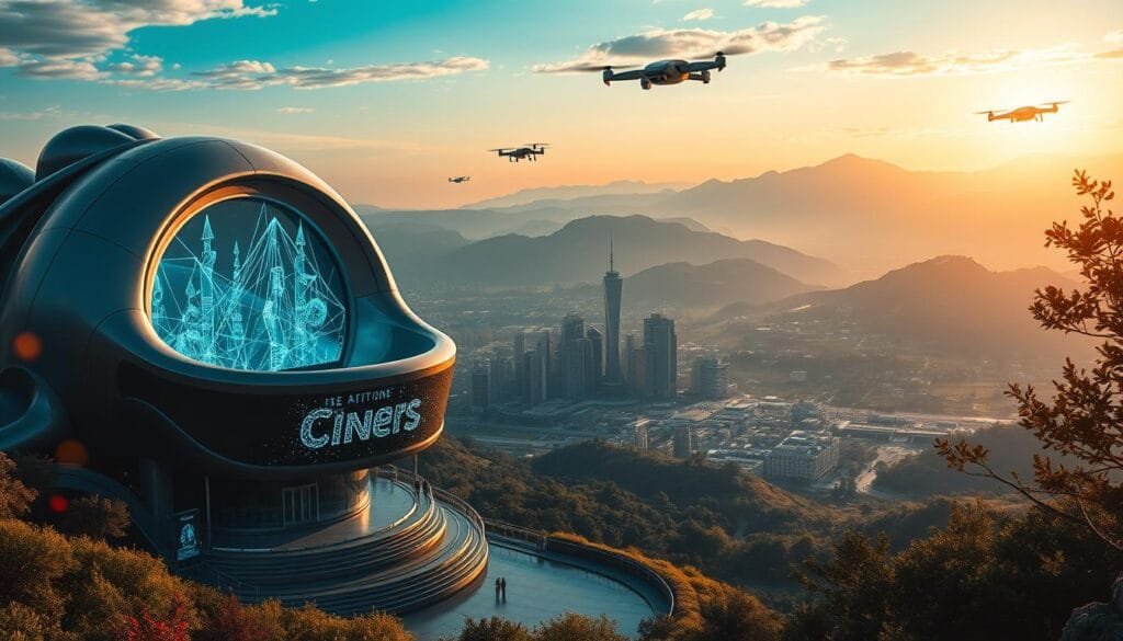 A lush, cinematic landscape depicting the future of cinema. In the foreground, a futuristic movie theater stands, its sleek, organic architecture blending seamlessly with the environment. Holographic projections dance across its facade, hinting at the immersive, high-tech experiences awaiting patrons. The middle ground features a bustling, tech-infused city skyline, with skyscrapers adorned with LED screens and drones zipping through the air. In the background, a breathtaking vista of rolling hills and towering mountains, bathed in a warm, golden glow from the setting sun. The scene conveys a sense of wonder, innovation, and the boundless potential of the cinematic medium in the years to come.
