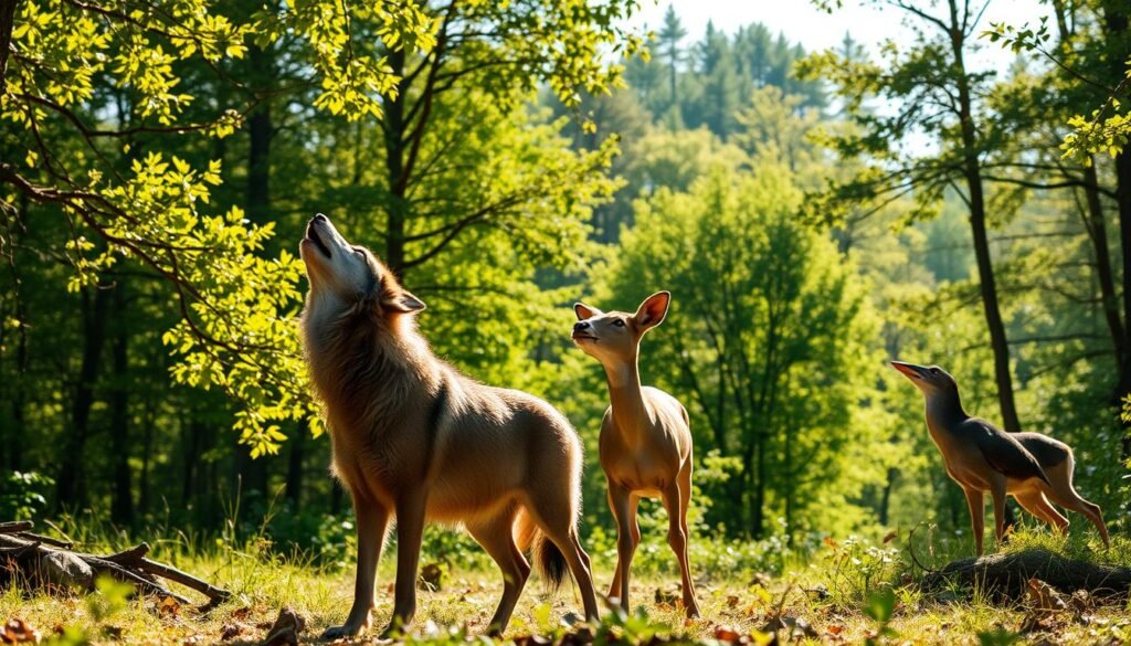 A lush forest clearing, sunlight filtering through the verdant canopy. In the foreground, a group of animals - a wolf, a deer, and a bird - engaged in a symphony of calls and vocalizations. The wolf's deep, resonant howl, the deer's gentle snorts, and the bird's trilling song create a captivating audio landscape. The animals' movements are expressive, their body language conveying the purpose and function of their sounds: territorial claims, mating rituals, and urgent warnings. The scene is imbued with a sense of natural harmony, a vivid illustration of the intricate roles that animal sounds play in the wild.