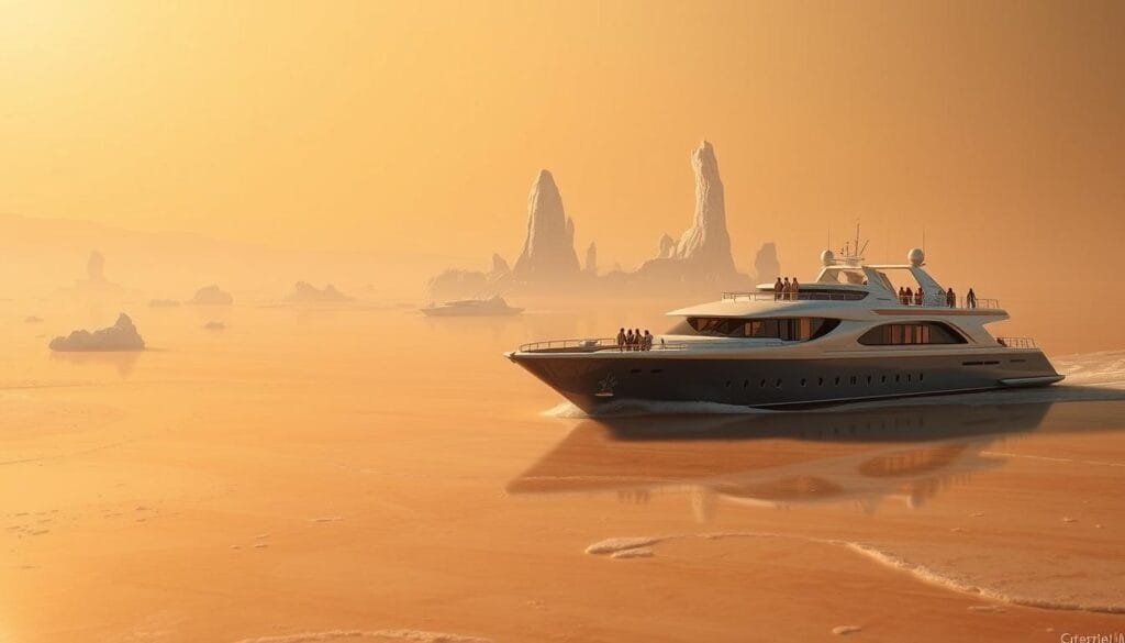 A lush, hydrocarbon-rich landscape on the surface of Titan, Saturn's largest moon. In the foreground, a sleek, futuristic cruise vessel glides effortlessly over a vast expanse of liquid methane, its mirrored exterior reflecting the hazy, orange-tinted atmosphere. Crew members in specialized protective gear attend to personalized amenities for passengers, who gaze in awe at the alien yet captivating scenery. The middle ground features towering methane geysers and icy formations, while the distant horizon is obscured by Titan's thick, opaque haze. Soft, diffused lighting creates an otherworldly, dreamlike ambiance, complementing the sense of wonder and exploration.