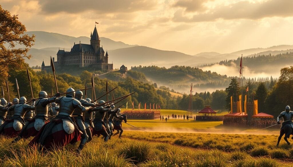 A lush, medieval landscape set against the backdrop of a stunning castle in the distance. In the foreground, a group of knights in shining armor engage in a spirited tournament, their lances clashing as they jostle for position. The middle ground is dotted with colorful pavilions and banners, while in the background, rolling hills and a misty forest create a sense of depth and mystery. The lighting is warm and golden, casting a soft glow over the scene and evoking the atmosphere of a bygone era. The overall composition conveys the grandeur and chivalry of the Arthurian legend, perfectly capturing the historical and cultural context of the time.