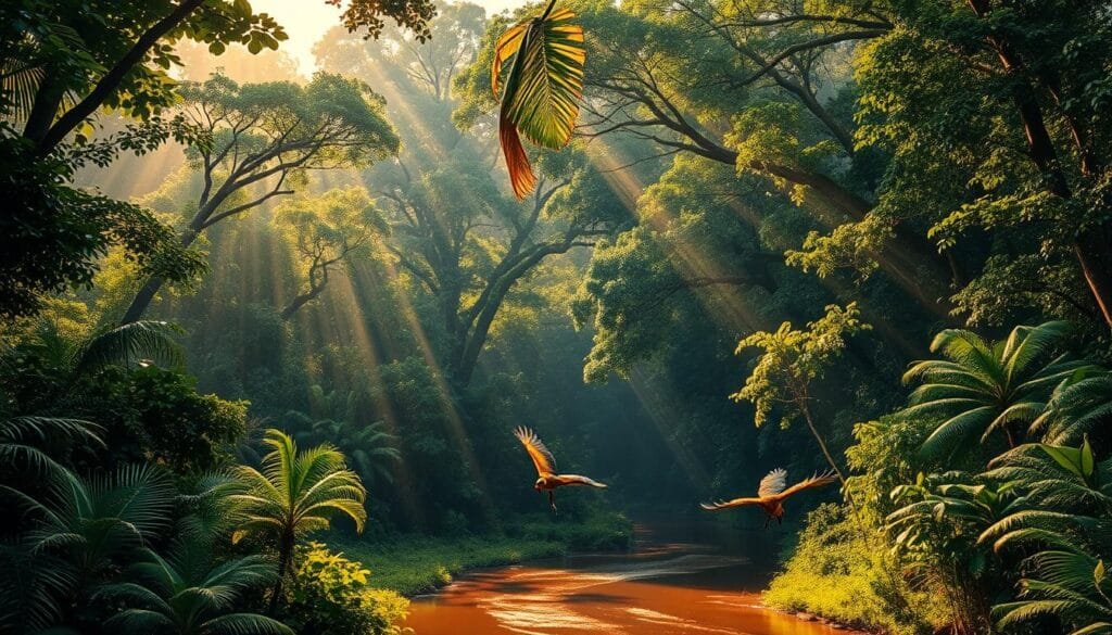 A lush, verdant canopy of towering trees stretches out before the viewer, their leaves rustling in a gentle breeze. Rays of warm, golden sunlight filter through the dense foliage, casting a soft, dappled glow over the scene. In the foreground, a winding river snakes through the undergrowth, its calm, reflective surface mirroring the surrounding vegetation. Exotic birds and vibrant flora dot the landscape, hinting at the incredible biodiversity of this primeval, untamed realm. The overall atmosphere is one of serene, primordial wonder, capturing the essence of the Amazon rainforest in all its wild, untamed glory.
