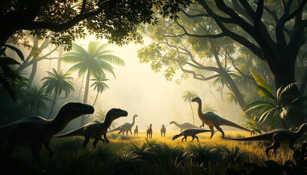 A lush, verdant ecosystem teeming with intelligent dinosaur lifeforms, coexisting harmoniously in a balanced, thriving environment. In the foreground, a pack of raptor-like creatures observe their surroundings with a keen, almost sentient gaze. In the middle ground, a herd of herbivorous dinosaurs graze peacefully, their serene movements in sync with the natural rhythm of the land. The background is dominated by towering, prehistoric flora, casting dappled shadows that dance across the scene. Warm, golden sunlight filters through the canopy, illuminating the vibrant colors and textures of this ancient, yet dynamic world. An atmosphere of tranquility and natural balance pervades the image, capturing the essence of a lost era where intelligent dinosaurs coexisted in harmony with their diverse ecosystems.