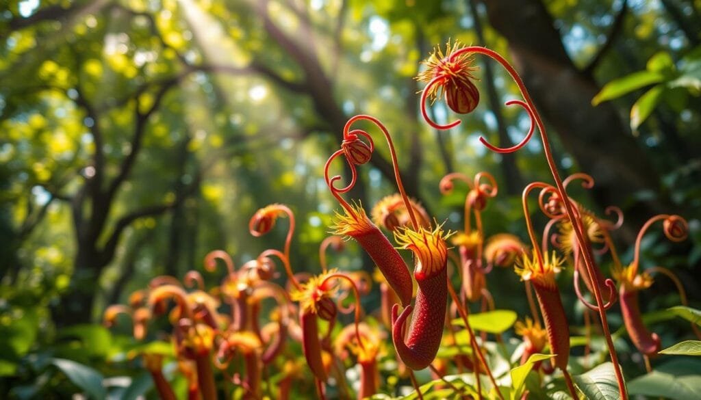 A lush, verdant forest canopy sets the stage, rays of warm sunlight filtering through the dense foliage. In the foreground, a captivating display of carnivorous plants come alive, their sinuous tendrils and vibrant traps swaying gracefully as if in a hypnotic dance. Vibrant hues of green, red, and purple intertwine, creating a mesmerizing symphony of movement and texture. The plants' intricate mechanisms, adapted to lure and capture prey, are rendered in vivid detail, conveying a sense of primal power and adaptability. Depth of field gently blurs the background, focusing the viewer's attention on the mesmerizing botanical performance unfolding before them, a testament to the remarkable versatility of the natural world.