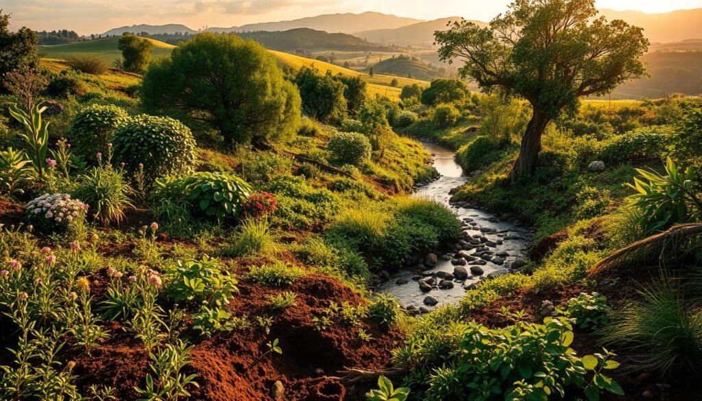 A lush, verdant landscape showcasing the interconnectedness of biodiversity and soil. In the foreground, a diverse array of thriving plant life, from vibrant flowers to towering trees, their roots intertwined with the rich, fertile earth. The middle ground features a winding stream, its banks teeming with aquatic life and surrounded by a mosaic of vegetation. In the background, rolling hills and distant mountains create a sense of depth and scale, the scene bathed in warm, natural lighting that casts a golden glow. The overall atmosphere conveys the delicate balance and resilience of the ecosystem, highlighting the environmental benefits and challenges that arise from this vital relationship between biodiversity and soil.