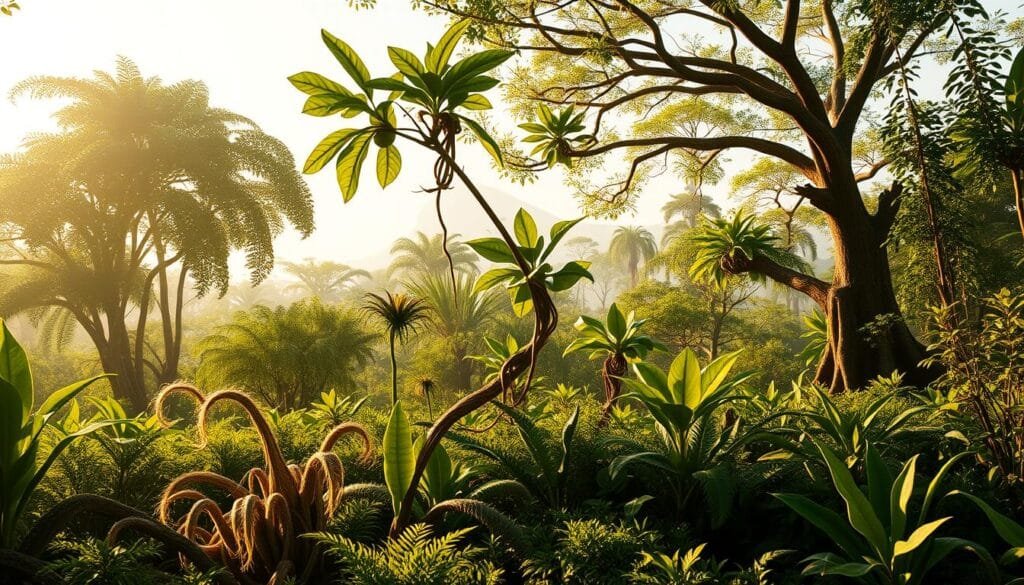 A lush, verdant scene depicting the evolution of plant movement. In the foreground, a series of lifelike plant forms showcase a gradual transition, from static root systems to tentacle-like vines swaying gently in a soft breeze. The middle ground features larger, more complex plant structures, their limbs undulating with a graceful, almost animal-like fluidity. In the background, towering trees with flexible, articulated trunks sway in a choreographed dance, hinting at the potential for greater mobility and adaptability in the plant kingdom. Warm, diffused lighting illuminates the scene, casting long shadows and creating a sense of depth and dimension. The overall atmosphere evokes a sense of wonder and curiosity about the hidden potential of the natural world.