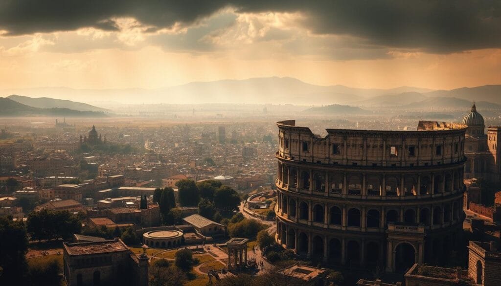 A majestic cityscape of a fallen Roman Empire, its grand monuments and infrastructure in decay. In the foreground, a crumbling colosseum stands as a testament to the empire's former glory, now overrun by nature. The middle ground features a sprawling metropolis, its once-grand architecture reduced to ruins, with a hazy, sepia-toned atmosphere conveying a sense of melancholy and the passage of time. In the background, a vast, turbulent landscape of rolling hills and mountains, suggesting the reshaping of global geopolitics in the absence of Roman dominance. Dramatic, moody lighting illuminates the scene, casting long shadows and creating a somber, contemplative mood.
