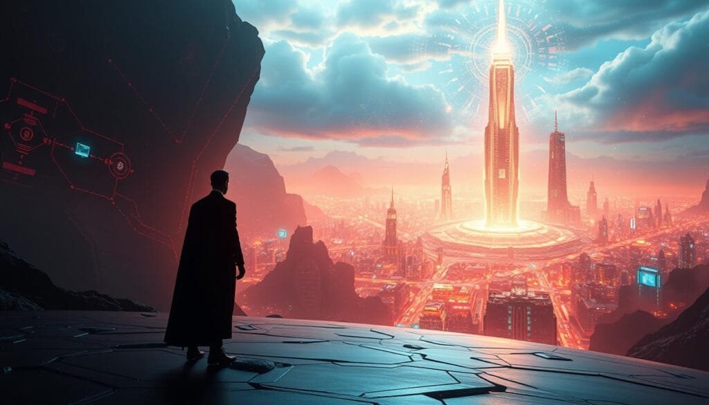 A majestic digital landscape, where the hero's journey intertwines with the cultural tapestry of the modern age. In the foreground, a lone figure stands resolute, their silhouette bathed in a warm, ethereal glow, symbolizing the hero's transformation. The middle ground reveals a kaleidoscope of vibrant, abstract shapes and patterns, representing the ever-evolving digital realm. In the background, a vast, futuristic cityscape rises, its towering structures and glowing interfaces alluding to the profound impact of technology on our collective cultural narratives. Soft lighting casts dramatic shadows, imbuing the scene with a sense of contemplation and wonder. Captured through a wide-angle lens, the image conveys the grand scale and significance of the hero's journey in the digital age.