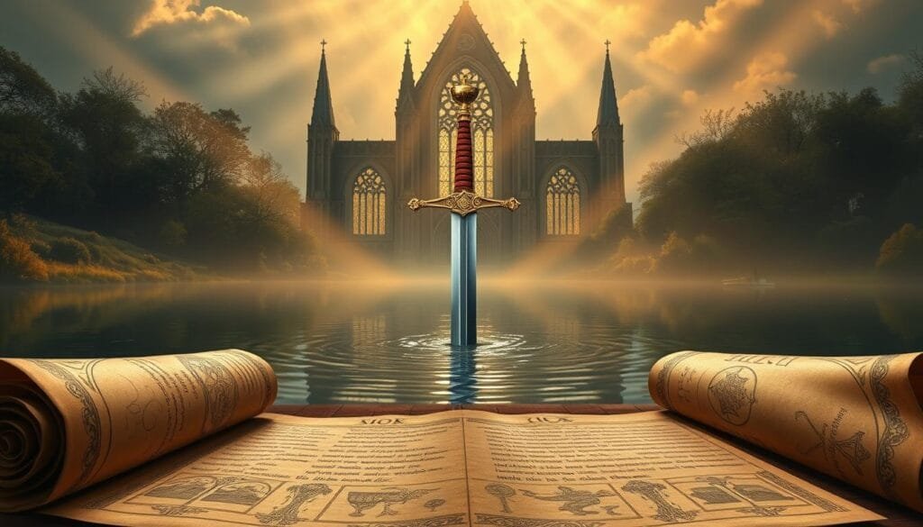 A majestic medieval landscape with a central focus on the legendary sword Excalibur, emerging from the still waters of a serene lake. In the background, the mystical silhouette of a Gothic cathedral looms, hinting at the sacred significance of the Holy Grail. Beams of warm, golden light filter through stained-glass windows, casting a reverent glow over the scene. The foreground is adorned with ornate, illuminated scrolls and parchments, their calligraphic symbols and illustrations suggesting the deep symbolism and mythology surrounding these legendary artifacts. The atmosphere is one of reverence, history, and the supernatural.