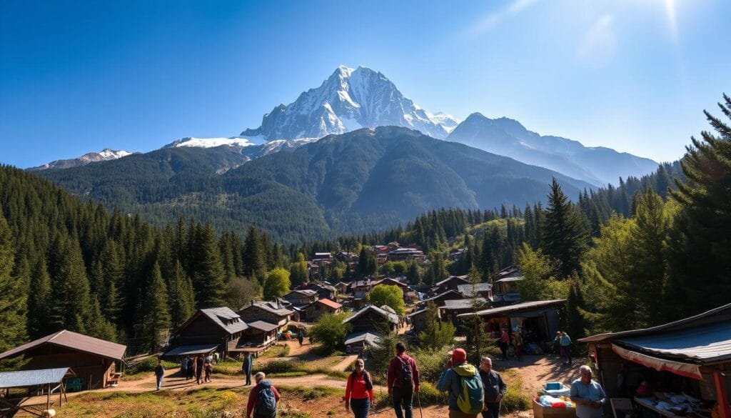 A majestic mountain range dominates the scene, its snow-capped peaks piercing the azure sky. In the foreground, a bustling village nestled amidst lush, verdant forests, its quaint buildings and winding streets bustling with activity. Intrepid hikers, their backpacks laden with gear, traverse well-worn paths, while local vendors offer handcrafted wares and traditional cuisine to the throngs of tourists exploring the region. Sunlight filters through the canopy, casting a warm, golden glow over the entire landscape, creating an atmosphere of tranquility and adventure. The image conveys the delicate balance between the natural wonders of the mountain and the economic opportunities presented by the burgeoning tourism industry.