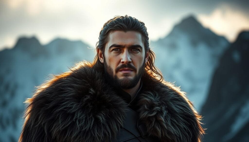 A majestic portrait of Jon Snow, the once-bastard and now the esteemed King in the North. He stands tall, his regal fur cloak billowing in a gentle breeze, his weathered face etched with a determined gaze. Faint rays of sunlight illuminate his chiseled features, casting dramatic shadows that accentuate his rugged handsomeness. In the background, the snow-capped peaks of the Stark ancestral home loom, a testament to the legacy he now upholds. An aura of authority and resilience emanates from him, capturing the essence of his rise from obscurity to become a respected leader who commands the loyalty of his people.