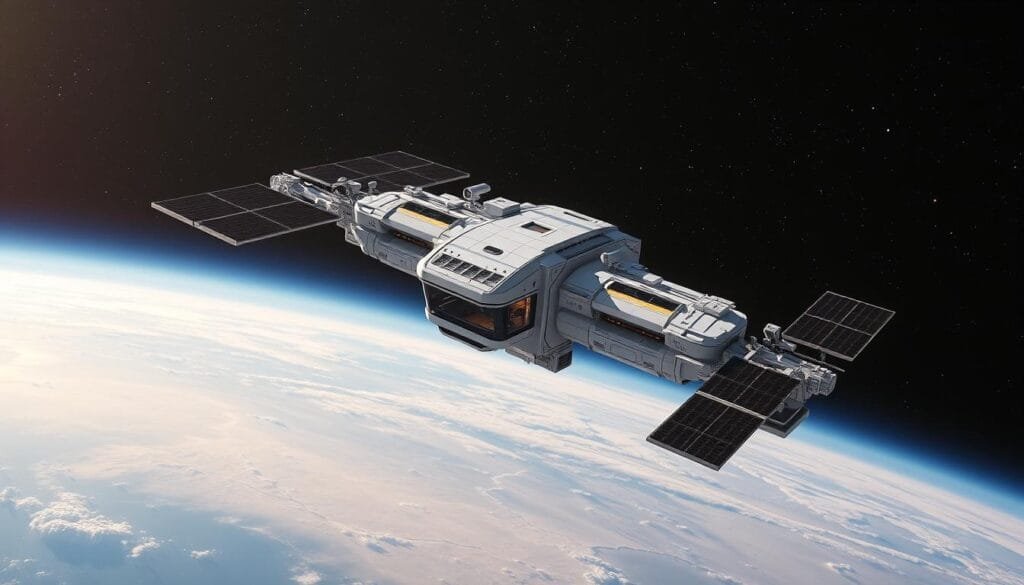 A majestic space station floats gracefully against the vast, starry backdrop of the cosmos. Its sleek, modular design features interlocking modules and solar panels that glimmer in the soft, ambient lighting. Seamless panoramic viewports offer awe-inspiring vistas of the Earth below, while state-of-the-art systems maintain a comfortable, futuristic living environment. Clean, minimalist interiors provide ample living and leisure spaces, complemented by advanced amenities and cutting-edge technologies. This orbital haven, a pinnacle of human engineering, beckons the discerning traveler to experience the wonders of vacationing in the final frontier.