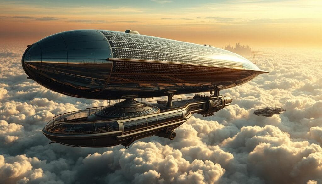 A massive dirigible hovers gracefully above the clouds of Venus, its sleek silver hull glinting in the warm, amber light of the alien sky. The vessel's envelope is adorned with intricate solar panels, harnessing the abundant sunlight to power its advanced propulsion systems. In the foreground, a transparent observation deck offers a breathtaking view of the planet's turbulent atmosphere, hinting at the wonders that await the brave explorers within. The middle ground features a series of modular habitats, connected by sleek, pressurized walkways, creating a self-sustaining oasis for the crew. In the distance, the outline of a floating city can be seen, its structures seamlessly blending with the natural curves of the Venusian landscape, a testament to humanity's ingenuity and resilience.