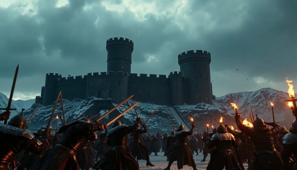 A massive, imposing castle stands amidst a rugged, snow-covered landscape, its towers and battlements silhouetted against a dramatic, cloudy sky. Fierce, armored warriors clash in the foreground, swords clashing as they battle for control of the strategic stronghold. The scene is illuminated by the warm glow of torchlight, casting long shadows and creating a tense, cinematic atmosphere. The camera angles shift, capturing the clash of steel, the clash of wills, and the high stakes of this legendary battle in the annals of Westeros.