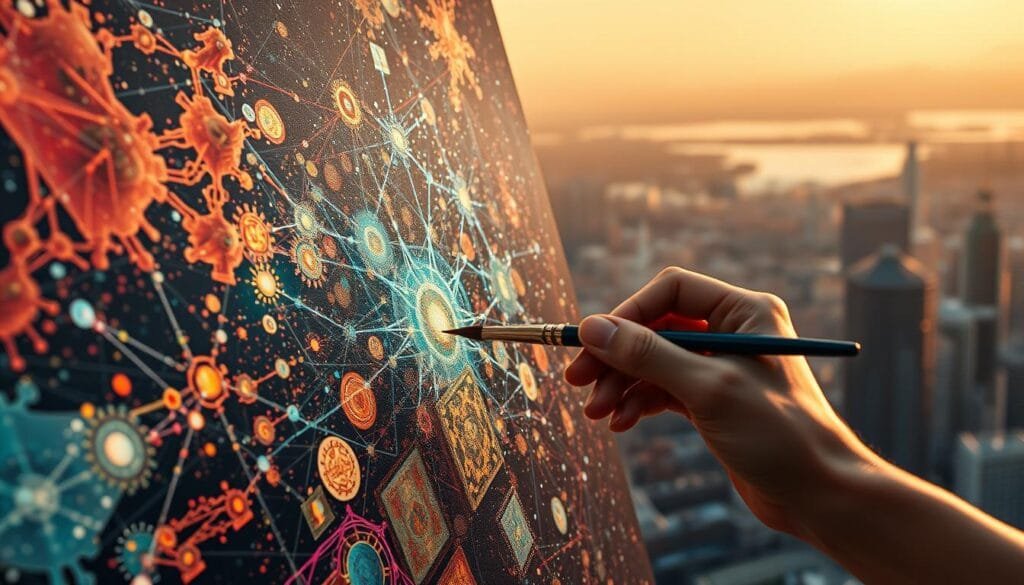 A masterful fusion of human creativity and artificial intelligence, captured in a striking visual metaphor. In the foreground, a virtuosic artist's hand effortlessly guides a paintbrush, wielding colors and textures with sublime mastery. In the middle ground, neural networks and machine learning algorithms intertwine, their digital pathways illuminating the canvas with an otherworldly glow. The background reveals a breathtaking cityscape, a modern metropolis teeming with innovation and technological advancement. Warm, natural lighting bathes the scene, imbuing it with a sense of harmony and balance between the organic and the synthetic. This image evokes the boundless potential that emerges when human ingenuity and artificial intelligence converge, redefining the boundaries of creative expression.